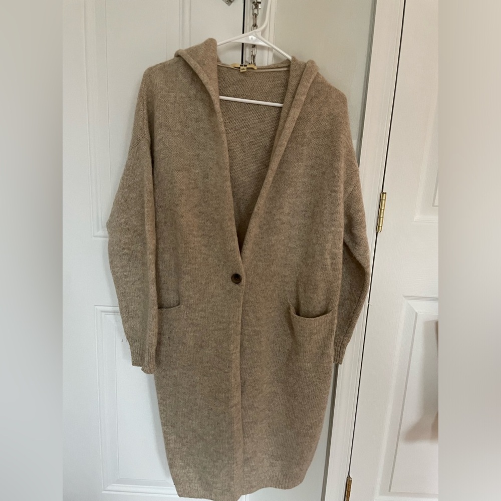 Uniqlo cream wool long cardigan with hood